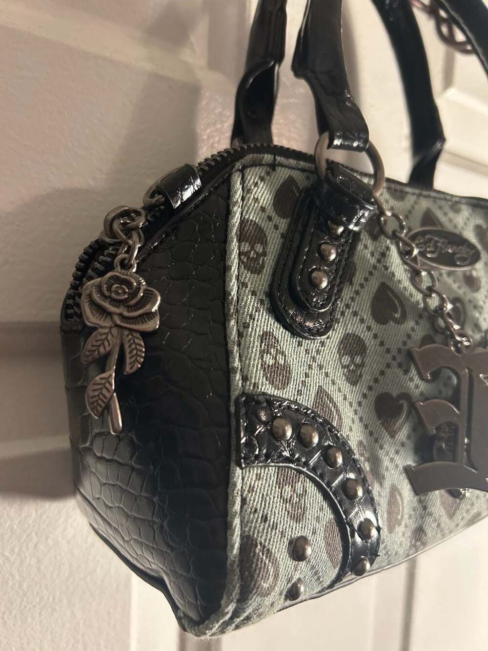 Ed Hardy Skull and Heart Print Satchel Bag with Logo Charms - Picture 3 of 6